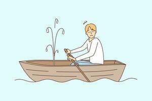 Stressed man rowing in boat see hole and water leaking. Unhappy frustrated male confused with ship leakage in water. Vector illustration.