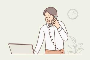 Man receptionist works in hotel and talks on phone with guests or answers questions from potential customers. Guy receptionist or hotel administrator helps to book room for guest calling by telephone vector