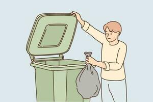 Man throws garbage into large container for concept of overabundance of garbage on planet. Guy stands near trash can and holds black bag refusing to sort waste and take care of environment vector