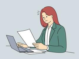 Successful businesswoman sit ta desk work on computer reading documents. Smiling young female employee busy at laptop checking paperwork in office. Vector illustration.