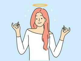 Smiling young woman with halo above head. Happy girl feeling saint and optimistic. Vector illustration.