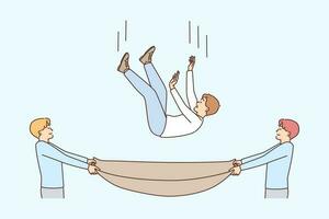 Men with cloth catching man falling down from height. Male friends saving guy. Vector illustration.