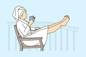 Happy young woman in bathrobe relax on balcony with cup of coffee. Smiling girl after bath or shower enjoy relaxation on outdoors terrace. Vector illustration.