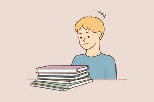 Unhappy boy child sit at desk look at books unmotivated for studying. Upset kid distressed about learning or education. Vector illustration.