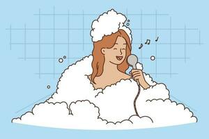 Smiling young woman sit in bathtub singing in shower. Happy girl relax in bath enjoying time in bathroom with bubbles. Vector illustration.