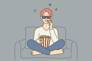 Happy young man in 3d glasses watching movie eating popcorn. Smiling guy with snack enjoy film in home theater. Entertainment concept. Vector illustration.