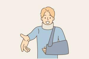 Smiling man with broken arm and bandage around neck extends hand to camera to thank treating doctor. Guy injured in car accident or accident smiles rejoicing at successful operation and treatment vector