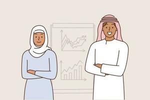 Arabic office workers stand near board with charts talking about marketing strategy of corporation from Turkey. Man and woman in arabic clothes are invited to make deal with international company vector