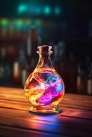 Glowing galaxy in a glass bottle. photo