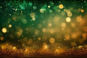 Gold and green Fireworks and bokeh in New Year eve and copy space. Abstract background holiday. photo