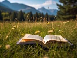 Book on the meadow with mountain at background. photo