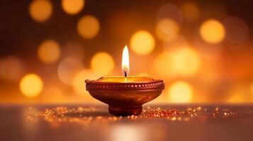 A Diya oil lamp, Diwali concept, blurred Hindu festival of lights celebration background. AI generative photo