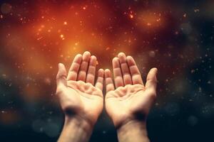 Human hands open palm up worship with faith in religion and belief in God on blessing background. photo