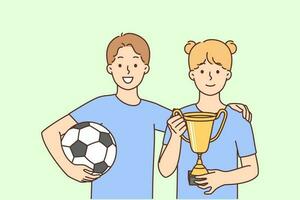 Smiling children in uniform stand hold football ball and golden prize celebrate win in game. Happy kids players with gold trophy after match. Vector illustration.