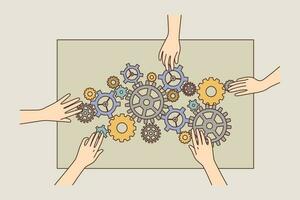 People hands connect cogwheels engaged in teamwork. Employees with gear mechanisms looking for business problem solution. Vector illustration.