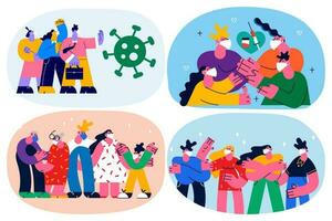 Set of people wearing facemask get vaccinated against corona virus. Diverse men and women in facial mask protect from covid-19. Vaccination and healthcare concept. Flat vector illustration.