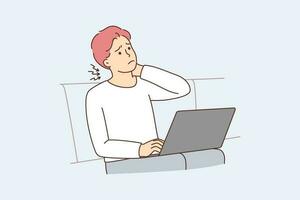 Man sitting on couch working on laptop suffer from neck ache. Unhealthy guy struggle from backache using laptop. Sedentary lifestyle concept. Vector illustration.