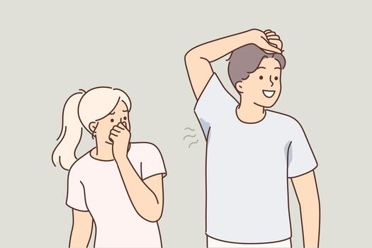 Man with sweaty armpit emitting unpleasant odor near woman who is disgusted and pinches nose because of stench. Guy not using deodorant or antiperspirant with sweaty armpits and stains on t-shirt vector