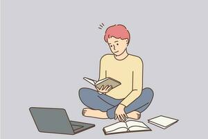 Young man sit on floor study with books using laptop. Smiling guy prepare homework with textbook with computer. Education. Vector illustration.