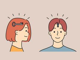 Woman with key in head and man with keyhole. People working together for problem solution. Concept of teamwork and problem solving. Vector illustration.