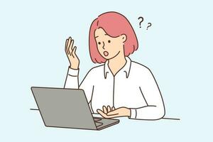 Frustrated woman look at laptop screen shocked with online problem. Unhappy female confused with unexpected notification on computer. Vector illustration.