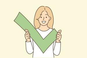 Woman holds green check mark for sign of approval and successful account verification in social network. Girl shows check mark symbolizing vote in presidential election or referendum vector