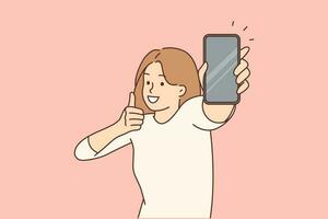 Overjoyed young woman showing mockup cellphone screen with thumb up gesture. Smiling girl demonstrate empty screen on smartphone. Recommendation. Vector illustration. Copy space.