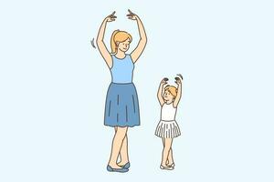 Young female teacher and small girl child in tutu dancing ballet together. Smiling woman trainer teach little kid in ballroom. Ballerina activity and hobby. Vector illustration.