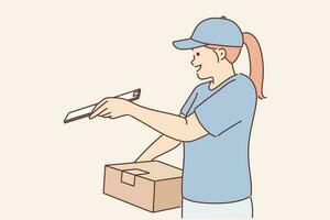 Woman courier holds cardboard box and clipboard to get customer signature before handing over order from online store. Happy girl postman or courier from delivery service delivers parcels to customers vector
