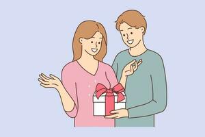 Loving young man give present to excited woman congratulate with birthday anniversary. Caring male greeting girl with gift box. Vector illustration.