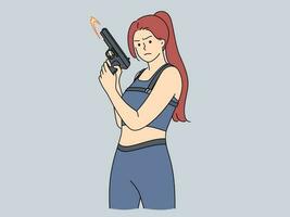 fuerte mujer en uniforme participación pistola en manos. decisivo hembra con escopeta espectáculo poder y fortaleza. vector ilustración.