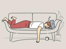 Tired man fall asleep working on laptop on couch. Exhausted male overwhelmed with computer work sleep in sofa at home. Fatigue and overwork. Vector illustration.