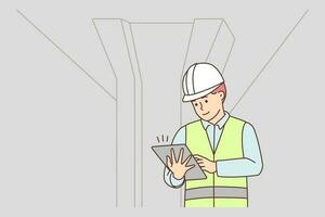 Male engineer in uniform and helmet working under bridge. Man technician controlling quality of construction outdoors. Vector illustration.