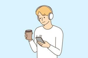 Young man in headphones drinking coffee texting on smartphone. Smiling guy in earphones with takeaway drink chatting on cell. Vector illustration.