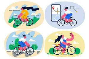 Smiling young person relax rest riding bike on sunny summer day. Teenager enjoy outdoor physical activity ride bicycle on weekend or vacation. Sporty active hobby concept. Vector illustration. Set.