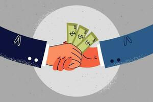 Close-up of hands of businessmen giving money for deal or service. Businesspeople shake hands exchange cash. Bribery and corruption. Vector illustration.