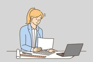 Businesswoman working on laptop in office. Female architect or engineer developing blueprint busy on computer. Vector illustration.