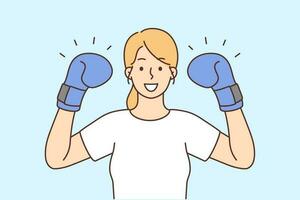 Smiling confident young powerful woman with boxers gloves on hands. Happy girl show power and strength. Vector illustration.