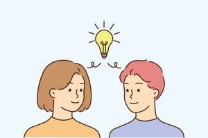Man and woman with lightbulb above head generate business idea together. Employees team brainstorm develop problem solution. Teamwork. Vector illustration.