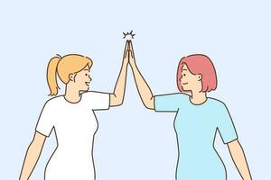 Smiling girls give high fives celebrating shared success or win. Happy girlfriend engaged greeting outdoors. Nonverbal communication. Vector illustration.