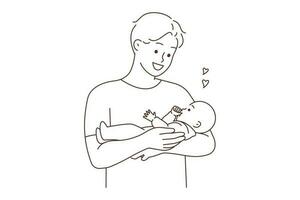 Smiling young father holding baby in arms showing love and care. Happy dad cuddle cute infant. Fatherhood and infantry. Vector illustration.