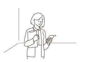 Businesswoman with documents using cellphone online communication. Smiling female employee or worker text on internet on smartphone. Vector illustration.