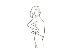 Young woman stretching suffer from backache. Unhealthy female exercise struggle with painful lower back spasm or strain. Healthcare. Vector illustration.