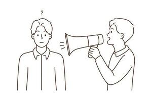 Man with loudspeaker scream in frustrated friend ear. Guy with megaphone shout at confused male. Vector illustration.