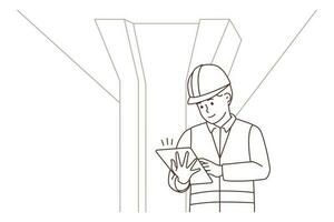 Male engineer in uniform and helmet working under bridge. Man technician controlling quality of construction outdoors. Vector illustration.