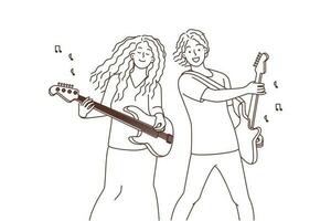 Happy musicians with guitars playing music. Smiling hippie couple have fun performing together. Hobby and entertainment. Vector illustration.