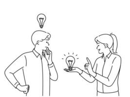 Smiling woman with lightbulb help male colleague with business idea. Happy female with lightened light bulb assist man with solution or trouble. Vector illustration.