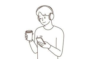 Young man in headphones drinking coffee texting on smartphone. Smiling guy in earphones with takeaway drink chatting on cell. Vector illustration.