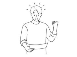 Overjoyed young man look at paper make yes hand gesture excited with good result. Smiling guy triumph with message in paperwork or document. Vector illustration.