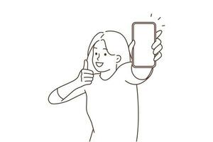 Overjoyed young woman showing mockup cellphone screen with thumb up gesture. Smiling girl demonstrate empty screen on smartphone. Recommendation. Vector illustration. Copy space.